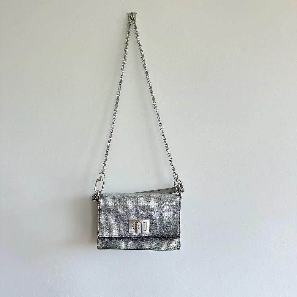FURLA 1927 Glitter Embellished Chain Strap Mini Crossbody Bag Silver